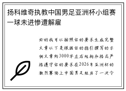 扬科维奇执教中国男足亚洲杯小组赛一球未进惨遭解雇 扬科维奇执教中国男足亚洲杯小组赛一球未进惨遭解雇